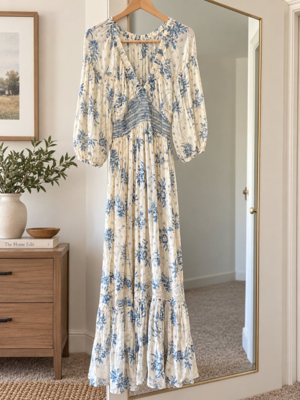 Free People Small Cream Blue Floral Smocked Maxi Dress Boho Cottagecore